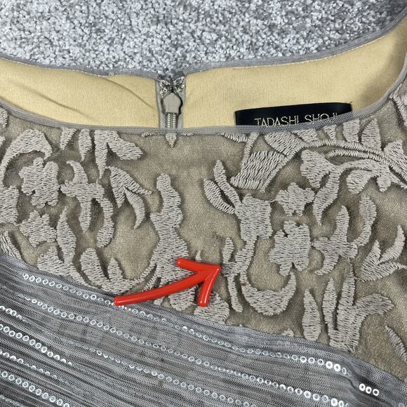 Tadashi Shoji Dress Womens 6 Lace Embroidery Sequins Multi Textured Taupe Silver - Picture 9 of 15